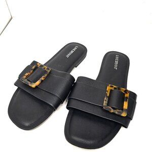 NWT Lane Bryant 10W Black Big Tortoise Buckle Slip on Sandals Slides Flats